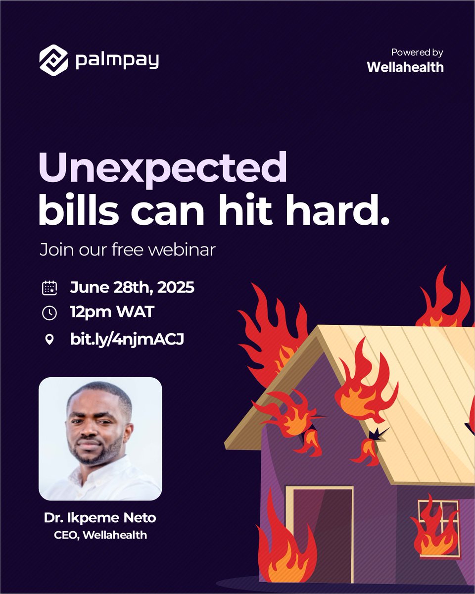 WellaHealth's tweet image. Unexpected bills can burn through your savings.
Join our free webinar this Saturday, June 28 at 12PM with Dr. Ikpeme Neto as we break down how affordable health insurance can protect you.
Click here to register for the webinar- zc.vg/mIarR
#Wellahealth #Palmpay