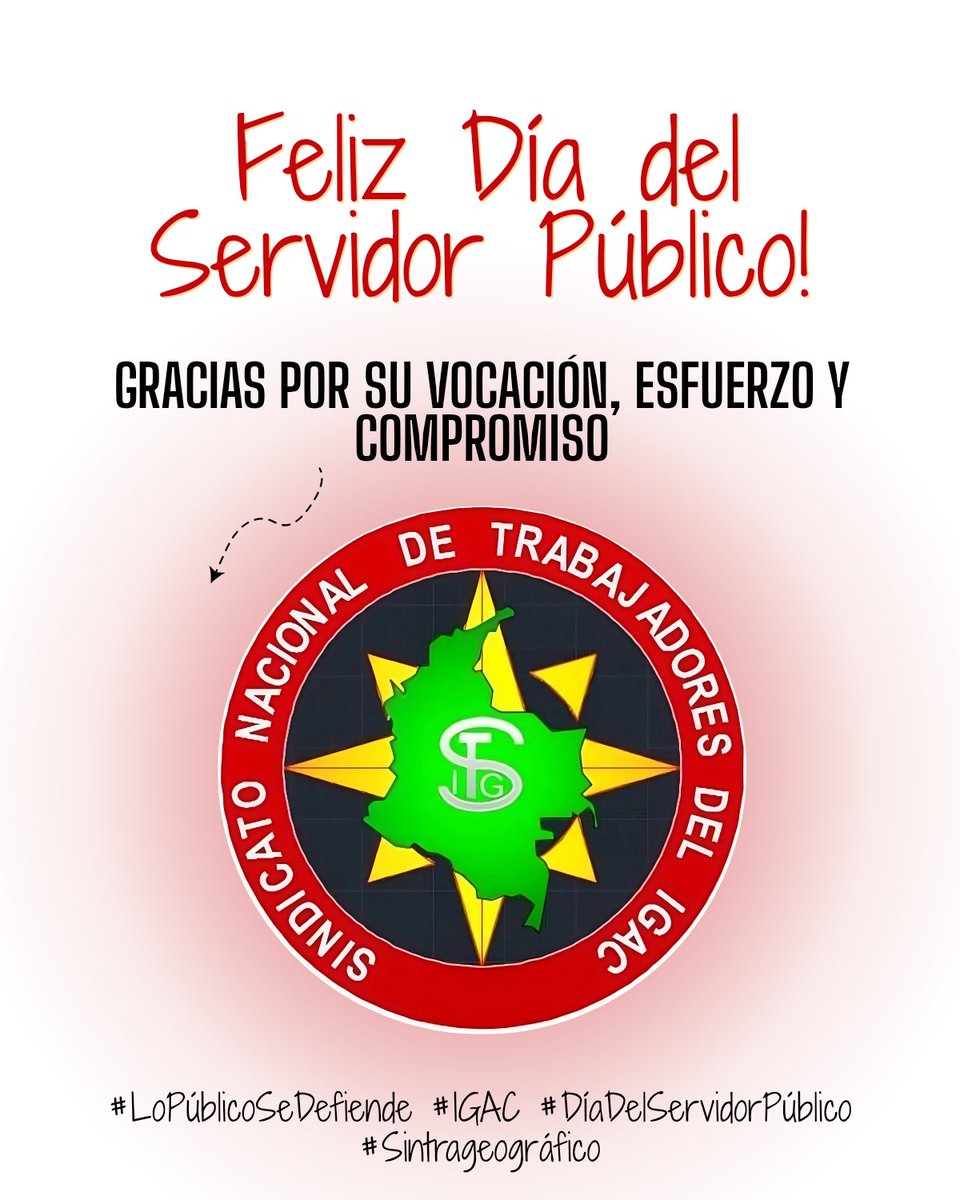 DÍA NACIONAL DEL SERVIDOR PÚBLICO

Exaltamos la labor de cada unos de los servidores que sirven al país, a través de su trabajo y compromiso incansable. 

#LoPúblicoSeDefiende #IGAC #DíaDelServidorPúblico #Sintrageográfico
