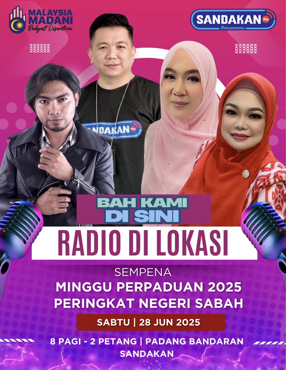 RADIO DI LOKASI SANDAKANfm Sempena Sambutan Minggu Perpaduan 2025 Peringkat Negeri Sabah

🗓️ 28 Jun 2025 ( Sabtu )
⏰ 8 Pagi - 2 Petang
📍 Padang Bandaran Sandakan

Pelbagai Pengisian Menarik :
• Dj Corner
• Teka Lagu
• Peluang Membaca Berita Radio
• Kuiz Bersama Pengunjung