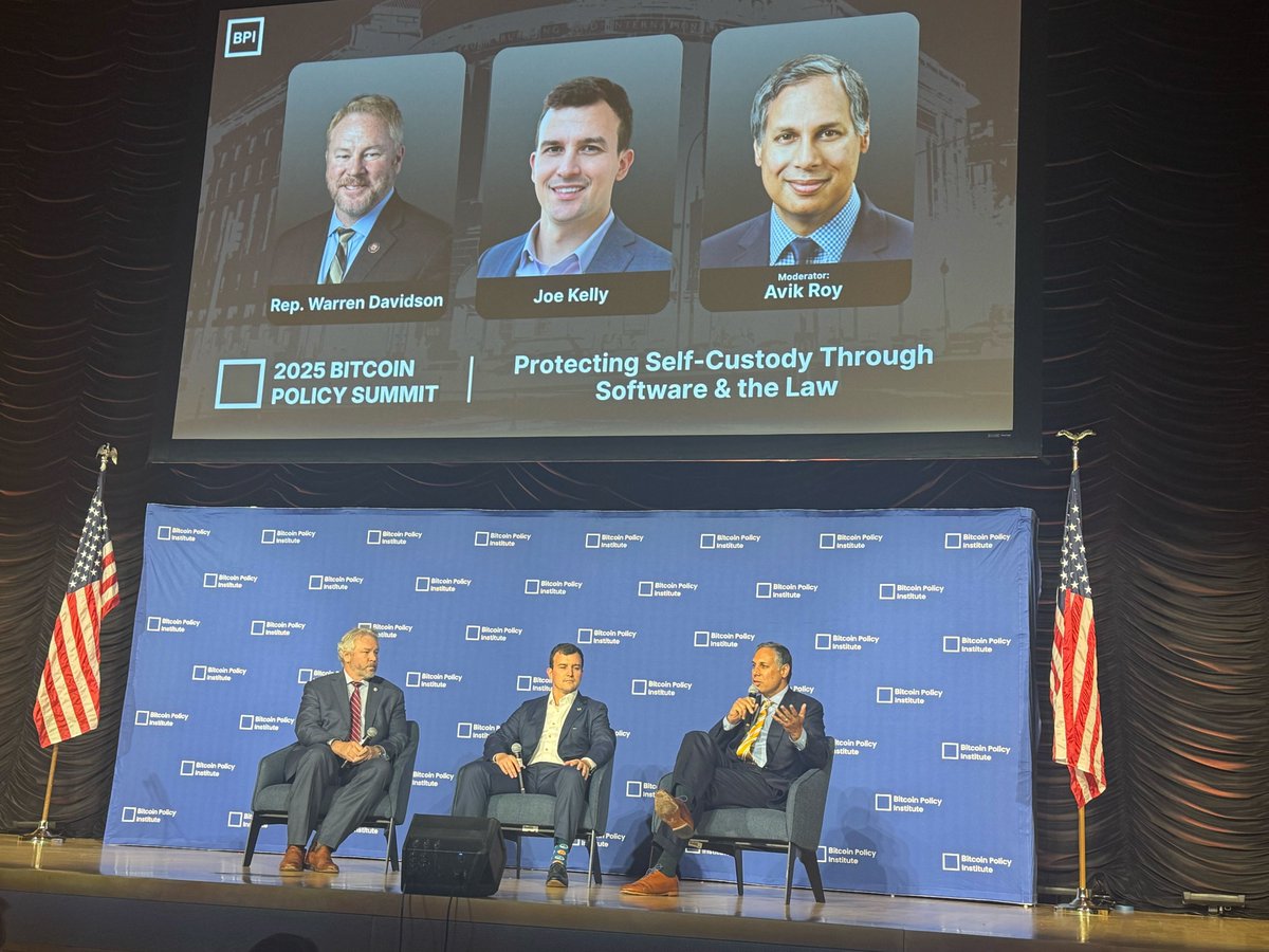 josephkelly's tweet photo. It was a pleasure attending the @bitcoinpolicy Summit in DC this week - great work @DavidZell_ @matthew_pines! I enjoyed speaking with @Rep_Davidson & @Avik about protecting our rights to self custody, and spotted some OG @unchained socks in the wild. 👀 @_drewarmstrong_