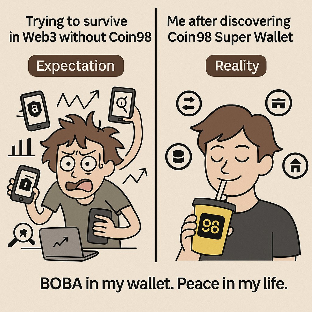 Prospace01's tweet photo. Using 5 apps for Web3? Couldn’t be me 😂
@coin98_wallet does it all:
Swap ✅
Bridge ✅
Stake ✅
Farm BOBA ✅
Stay safe ✅
It’s like the Swiss Army knife of crypto — but with boba 🍵
👉 https://t.co/bugNx32TIu
#Coin98 #Web3Essentials