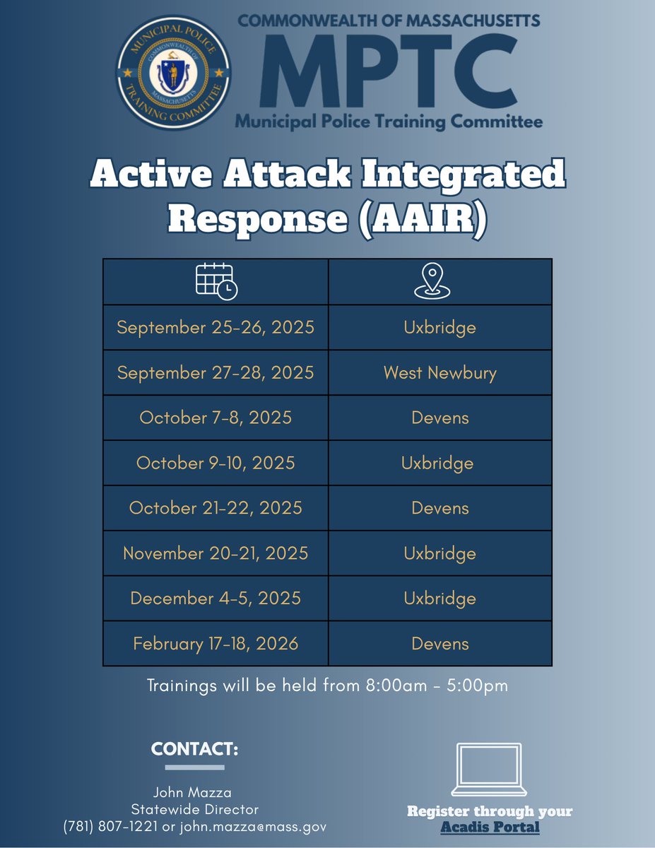 MassMPTC's tweet image. Attention officers! Active Attack Integrated Response course available at multiple locations. This training equips law enforcement, fire services, and EMS with the Rescue Task Force framework for coordinated action during critical incidents.
Register : mass.gov/mptc-acadis-tr…