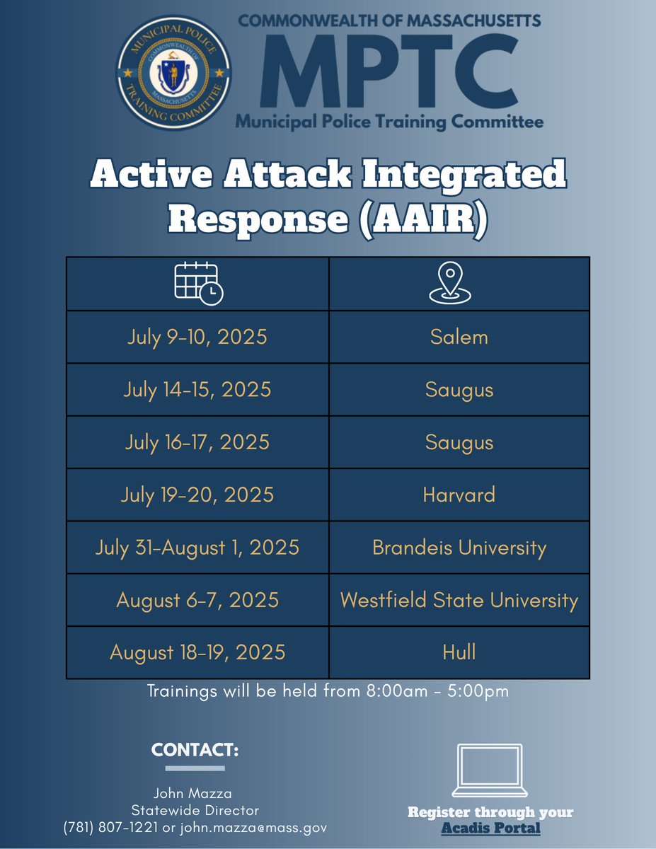 MassMPTC's tweet image. Attention officers! Active Attack Integrated Response course available at multiple locations. This training equips law enforcement, fire services, and EMS with the Rescue Task Force framework for coordinated action during critical incidents.
Register : mass.gov/mptc-acadis-tr…