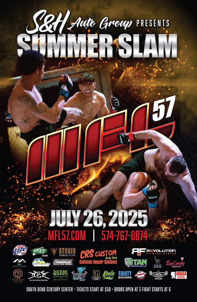 JULY 26th: MICHIANA FIGHT LEAGUE SUMMER SLAM

Mark your calendars! MFL's Summer Slam is coming to Century Center July 26th. 

Tickets start at $50

Doors open at 5:00 PM
Fights start at 6:00 PM

Learn more at MFL57.com