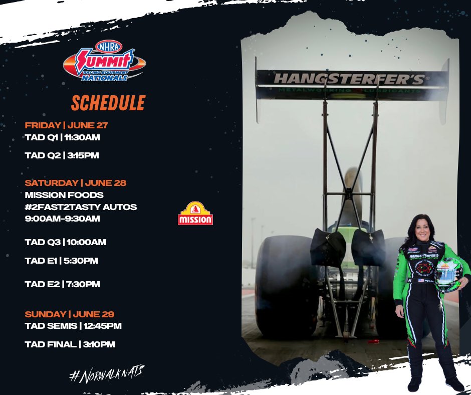 Angelle Sampey (@angellesampey) on Twitter photo Our <a href="/Hangsterfers/">Hangsterfer's Labs</a> top alcohol dragster takes the track this weekend at the #NorwalkNats! It will be HOT 🥵 and busy this weekend as we also award the winners of the <a href="/MissionFoodsUS/">Mission Foods 🌮</a> #2fast2tasty <a href="/NHRA/">NHRA</a> challenge in the 4 pro categories! Follow along!
<a href="/AbMotorsports1/">ABMotorsports</a> Our <a href="/Hangsterfers/">Hangsterfer's Labs</a> top alcohol dragster takes the track this weekend at the #NorwalkNats! It will be HOT 🥵 and busy this weekend as we also award the winners of the <a href="/MissionFoodsUS/">Mission Foods 🌮</a> #2fast2tasty <a href="/NHRA/">NHRA</a> challenge in the 4 pro categories! Follow along!
<a href="/AbMotorsports1/">ABMotorsports</a>