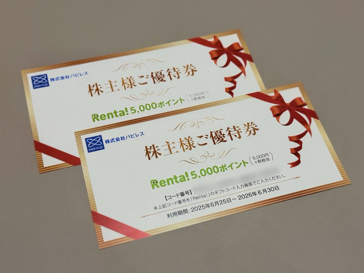 Renta! 5,000ポイント優待券×4枚　20000ポイント　パピレス 番号通知・発送しません】Renta！ 5000ポイント パピレス株主優待
