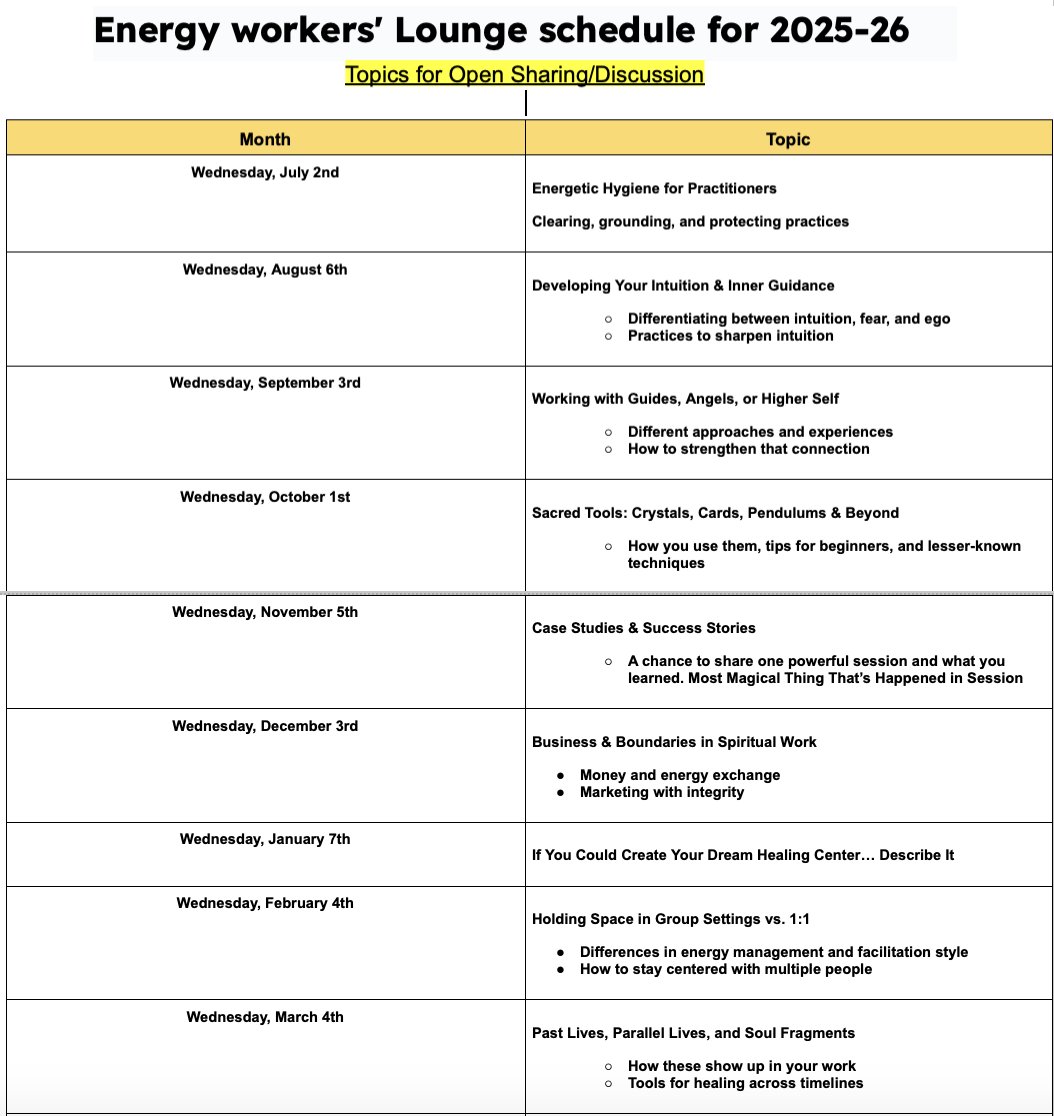 This monthly Energy Workers' Lounge starts July 2nd, at 8pm EST -email me for link at Miriam.Cutelis@yahoo.com