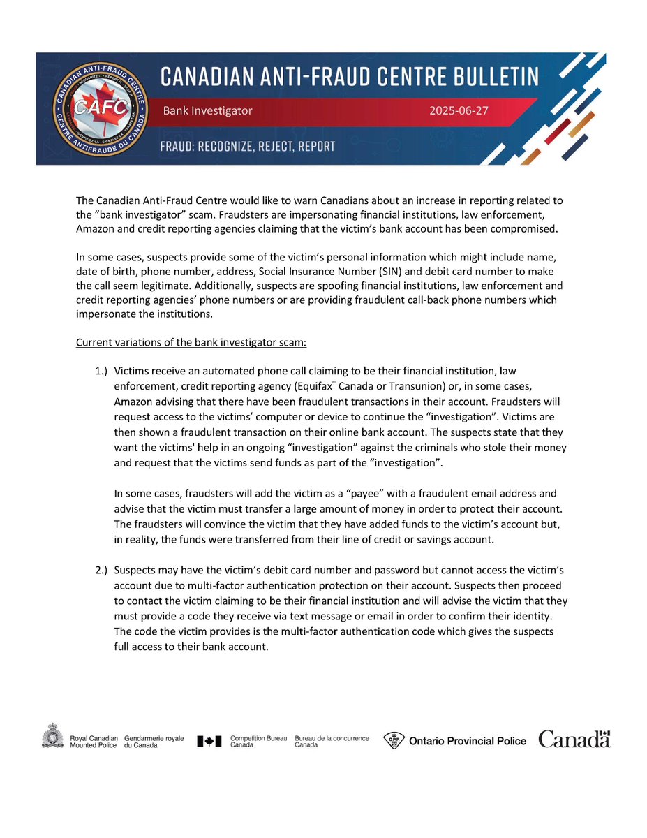 canantifraud's tweet image. The CAFC would like to warn Canadians about an increase in reporting related to the bank investigator scam. For more information on current variations: antifraudcentre.ca/scams-fraudes/… #kNOwfraud #showmetheFRAUD #BeScamSmart
