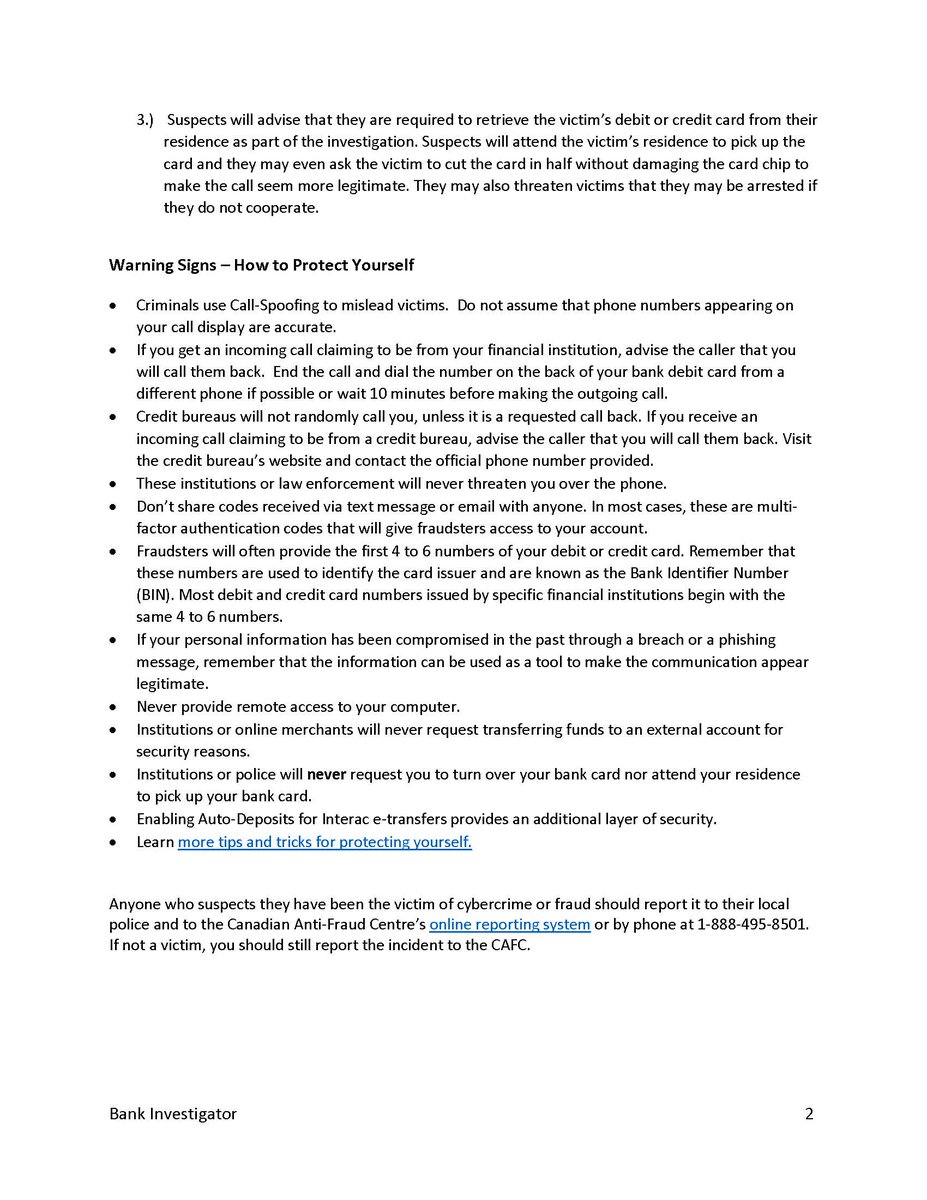 The CAFC would like to warn Canadians about an increase in reporting related to the bank investigator scam. For more information on current variations: antifraudcentre.ca/scams-fraudes/… #kNOwfraud #showmetheFRAUD #BeScamSmart