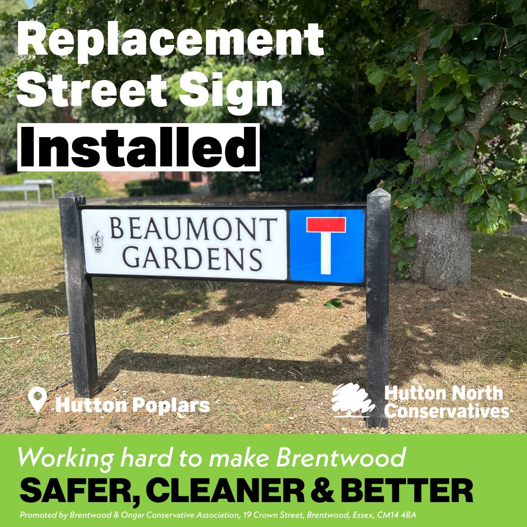 KeithRBarber's tweet photo. Thank you also to the team from the depot for responding to our request for a replacement street sign at Beaumont Gardens.  It’s a huge improvement. 👏 👏 #cleanersaferbetter #HuttonNorth #HuttonPoplars #Conservatives https://t.co/8dtTF2puTY