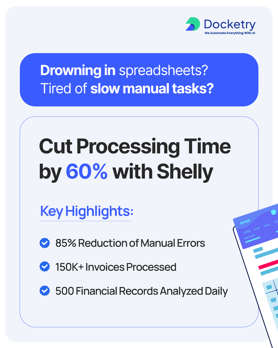 DocketryAi's tweet photo. 🚀 Boost financial efficiency with Shelly!

Cut accounting time by 60% and reduce errors by 85% with AI-powered automation.

📊 150K+ invoices &amp; 500+ records processed daily.

👉 Visit https://t.co/JPIiSbdQ5N

#FinancialServices #AIAccounting #WorkflowEfficiency #Docketry https://t.co/u5KCmaka82