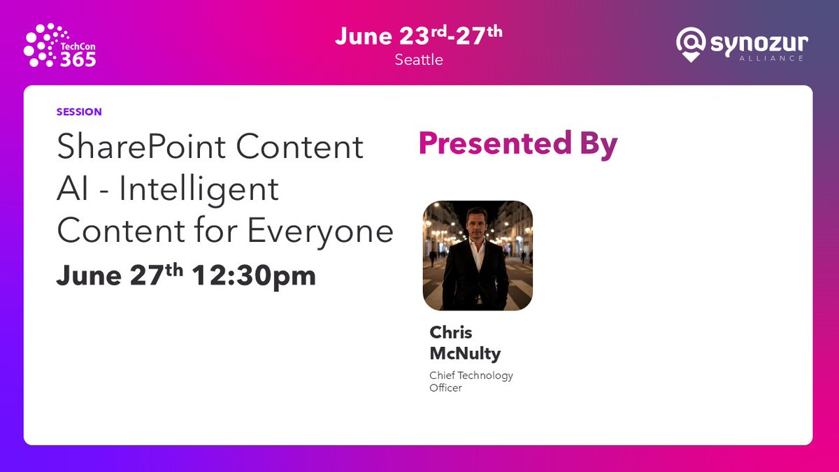 Later today: 🛠️ Master the tools of tomorrow! Chris McNulty explains "Best Practices for Deploying Copilot" on June 26 at 4:00PM. You don’t want to miss this! #TechCon365 #Synozur aka.synozur.com/tc365sea