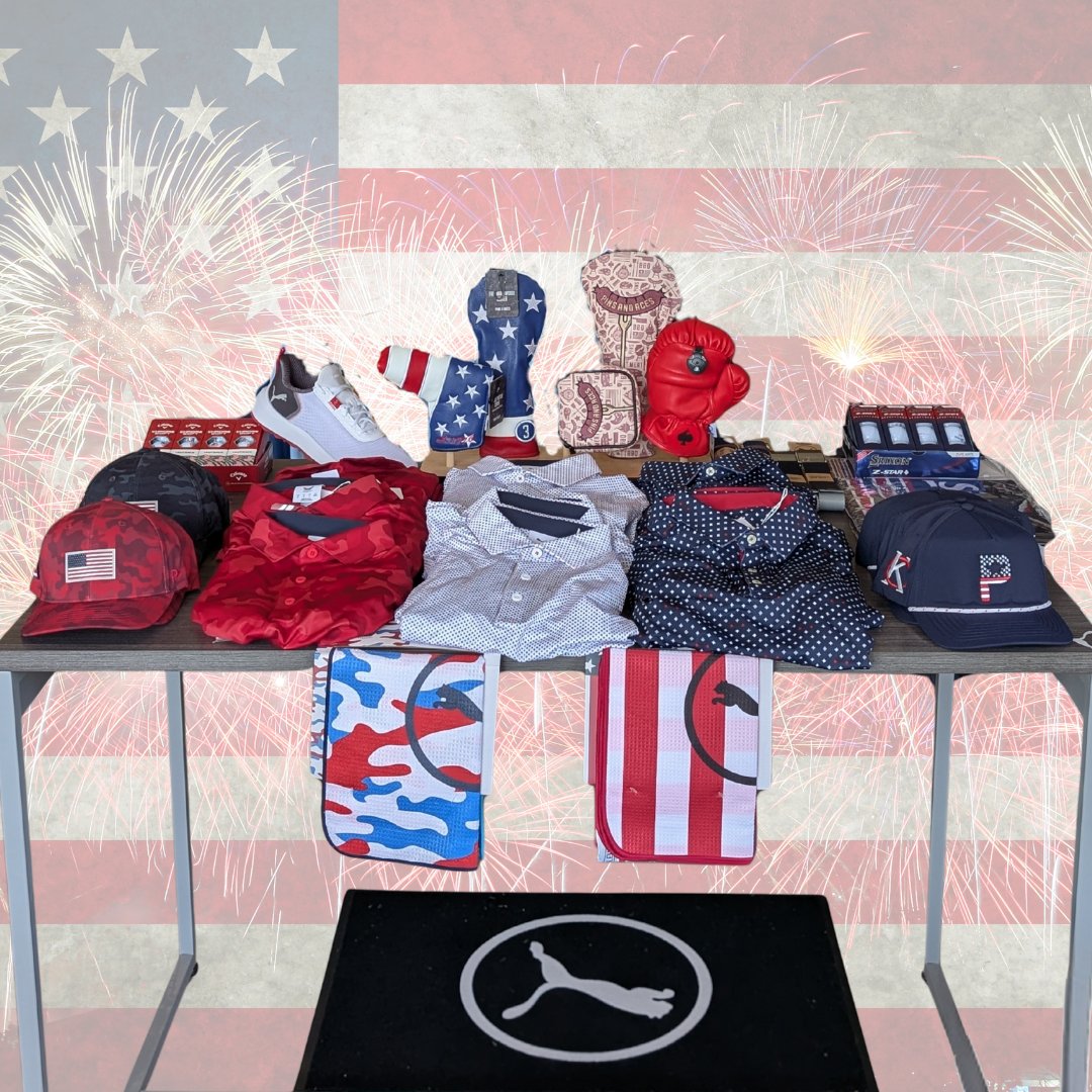 Get your golf game ready for the 4th of July with USA-themed gear from Puma, Pins and Aces, Callaway, and Srixon! 

While supplies last, get this gear on our display table in the golf shop!