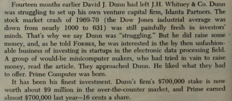 rainmakerspod's tweet image. Richard Rainwater’s first big win for the Bass family started with a snubbed VC, David Dunn.
A Forbes piece on Dunn’s struggles caught the eye of Prime Computer’s founders.
Dunn became their first investor.
Rainwater’s $8M became $200M.
