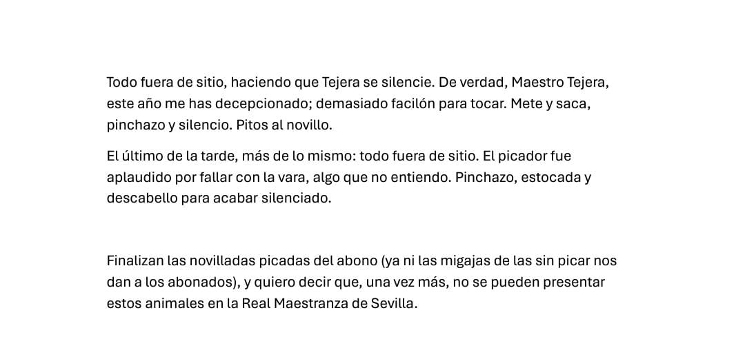 Crónica de un abonado a la Real Maestranza de Caballería de Sevilla.
26 de Junio de 2025 Sevilla Nocturna Novillos de Julio de la Puerta para Valentín Hoyos, Fabio Jiménez y Cristián González.