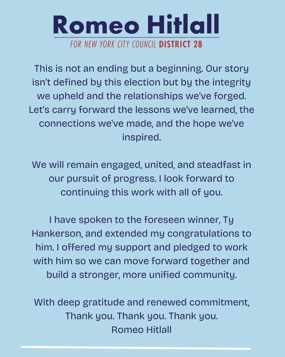 HitlallRomeo's tweet photo. My statement on the results from Tuesday's election https://t.co/DhcYZ4CwzY