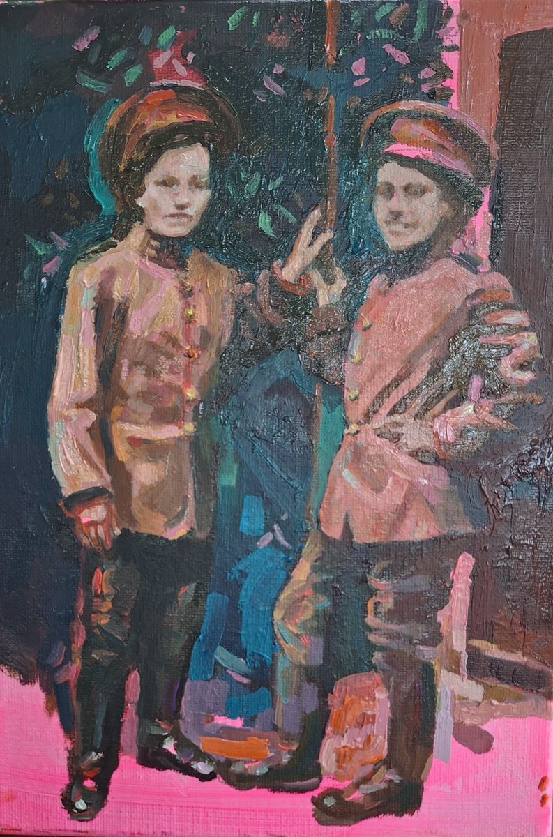 A study for Changelings, based on an old family photograph. The figure on the left is my grandmother, who I never met, she died before I was born. In the photo, Grandma and friend have dressed up in soldier's uniforms and posed accordingly. I still marvel at their cheekiness.