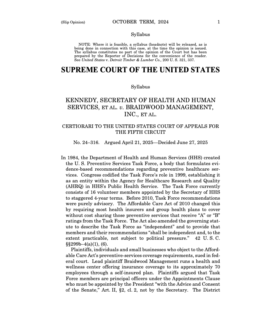 BREAKING: In the Supreme Court case, Kennedy v. Braidwood, the court ruled 6-3: The US Preventive Services Task Force members are inferior officers; their appointment by HHS Secretary is constitutional. ACA coverage mandates stand.