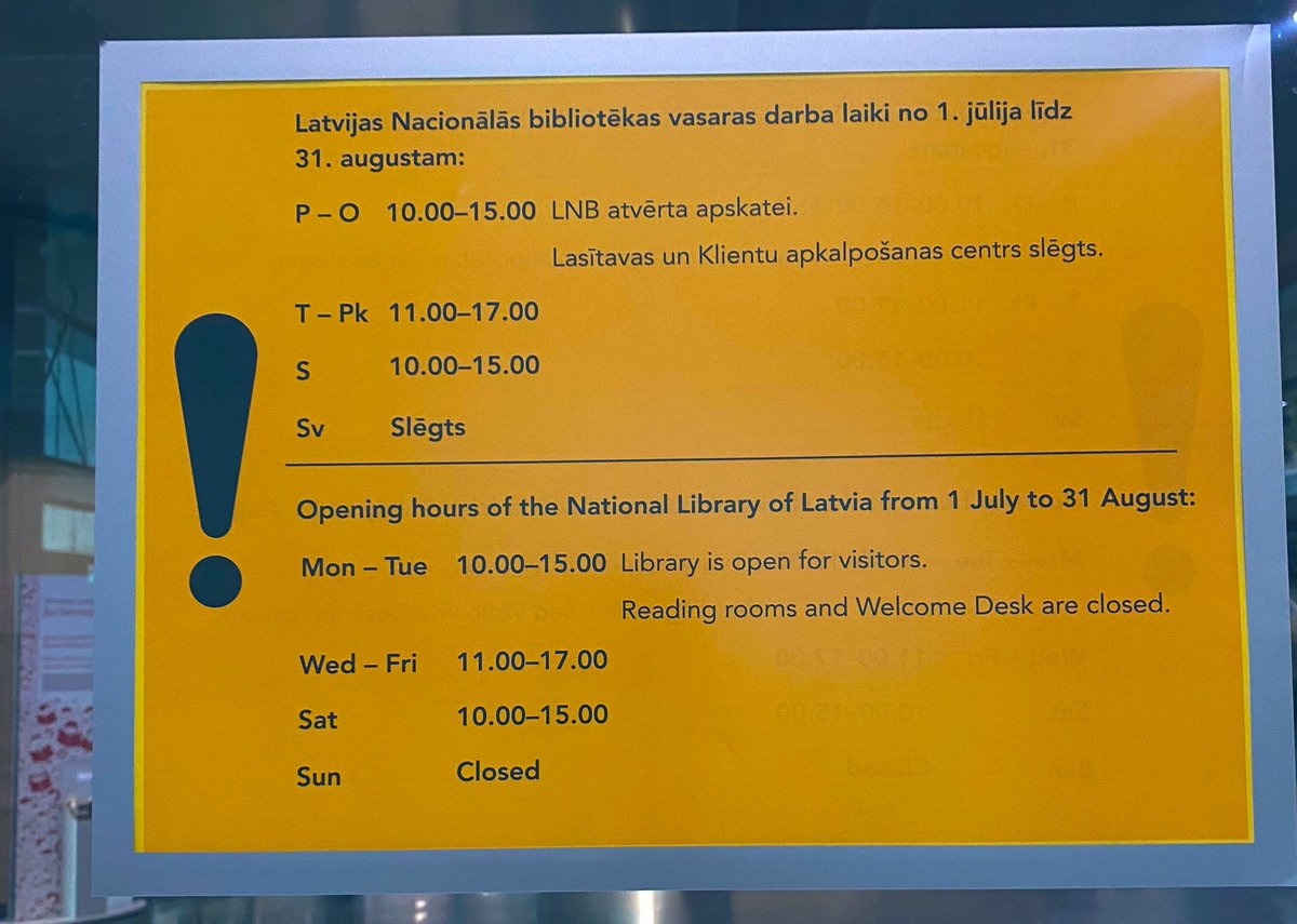 LNB nesen izlielījās, ka daļa lasītavu strādā līdz 20.00, bet no 1.jūlija sākas vasaras darba laiks, kas ir.... zem katras kritikas. Priecīgi plānoju darboties ar saviem projektiem LNB pēc darba vasarā, bet te tev nu bija 🤡