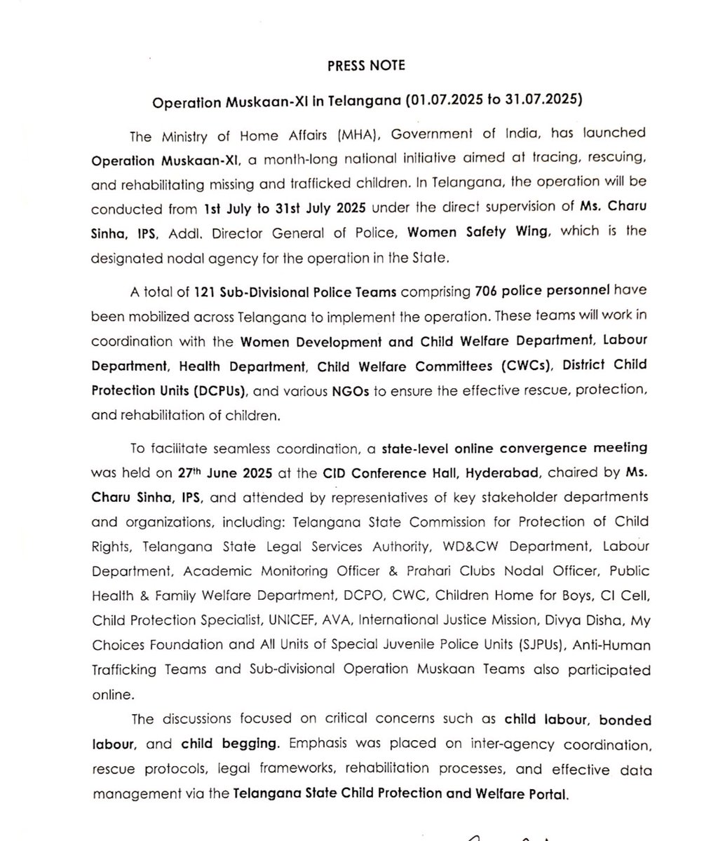 Women Safety Wing, Telangana Police (@tg_womensafety) on Twitter photo Operation Muskaan-XI (July 1–31) launches across Telangana. 706 police staff in 121 teams join hands with <a href="/WCDTelangana/">WCD Telangana</a>, <a href="/ScpcrTelangana/">Telangana SCPCR</a>, other govt depts & NGOs to trace and rescue missing & trafficked children under the aegis of ADGP, CID & WSW.#OperationMuskaan #ForEveryChild Operation Muskaan-XI (July 1–31) launches across Telangana. 706 police staff in 121 teams join hands with <a href="/WCDTelangana/">WCD Telangana</a>, <a href="/ScpcrTelangana/">Telangana SCPCR</a>, other govt depts & NGOs to trace and rescue missing & trafficked children under the aegis of ADGP, CID & WSW.#OperationMuskaan #ForEveryChild