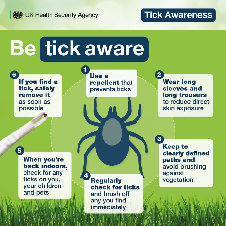 Planning a walk this weekend? ☀️  #BeTickAware and don’t forget the essentials:

✅ Long sleeves &amp; long trousers
✅ Repellent
✅ Tick remover
Ticks are common in grassy, wooded areas, so check yourself regularly during and after your walk.