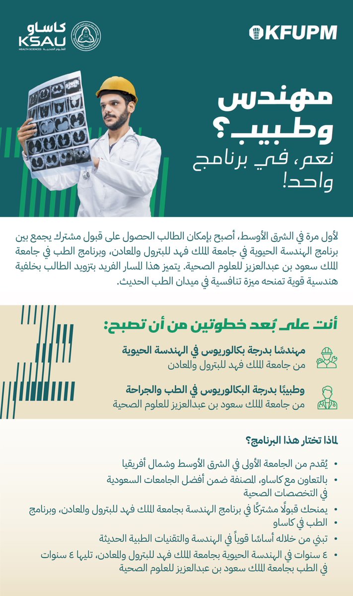 إطلاق برنامج فريد من نوعه في الشرق الأوسط!
برنامج يجمع بين الهندسة الحيوية والطب في تعاون مثمر بين جامعة الملك سعود للعلوم الصحية وجامعة الملك فهد للبترول والمعادن.
خطوة مهمة ونوعية نحو مستقبل واعد يجمع بين الابتكار الهندسي الحيوي والخبرة الطبية سوف يساهم في توطين ونمو التقنية