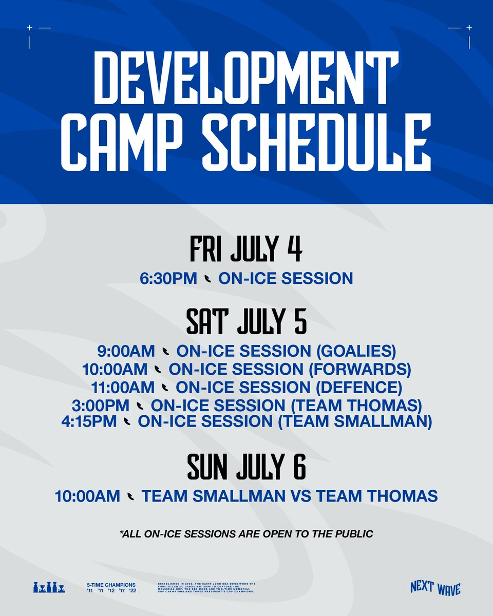 Development Camp is BACK 🏒

#SJSeaDogs prospects and players will hit the ice for three days of on-ice and off-ice development sessions from July 4-6 at the <a href="/Quispamsisqplex/">Quispamsis qplex</a>.

Roster and schedule are subject to change.

#GoDogsGo