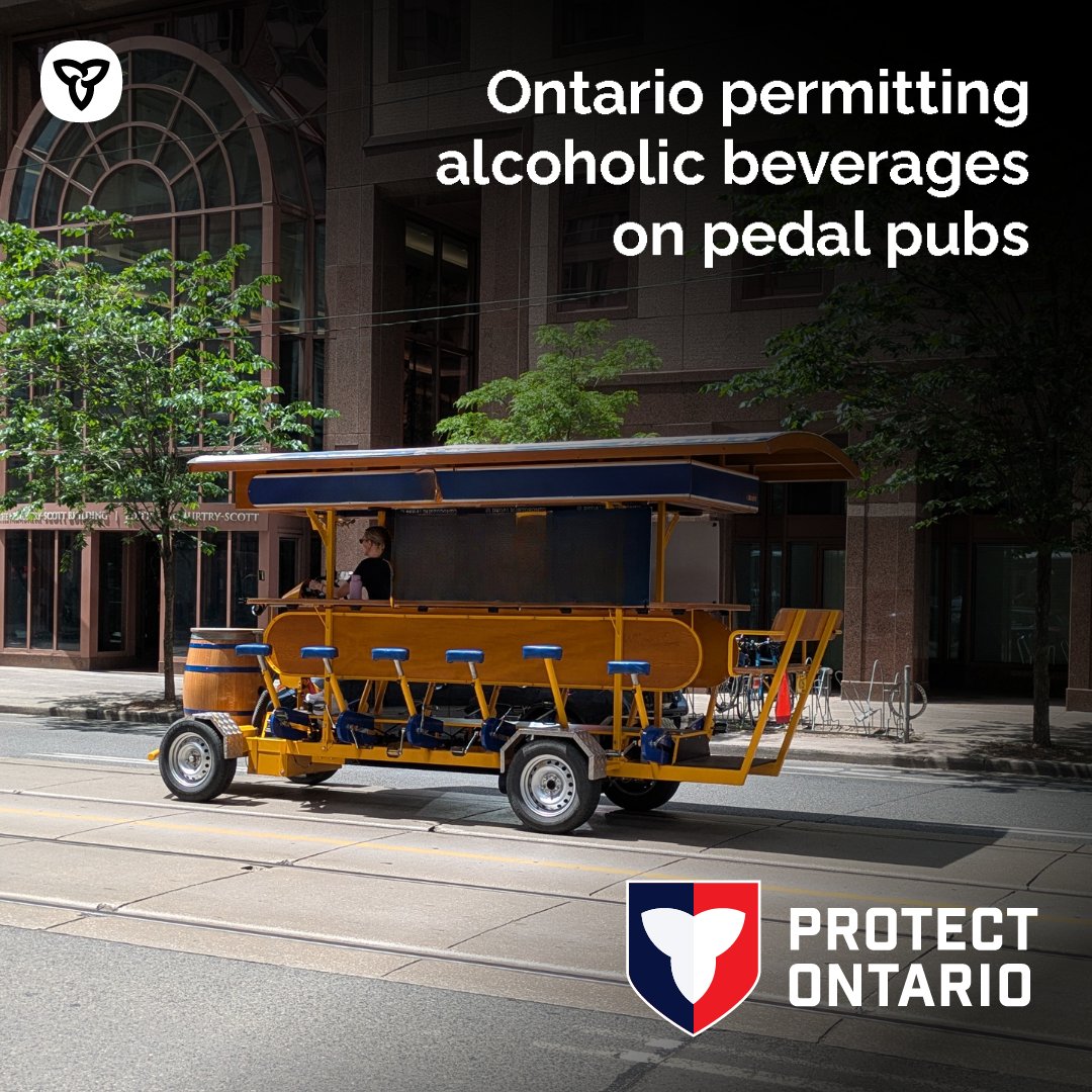 Ontario is expanding opportunities for small businesses and boosting local tourism by allowing alcohol to be served and consumed on large quadricycles, commonly known as pedal pubs.

Learn more: 🔗: news.ontario.ca/en/release/100…