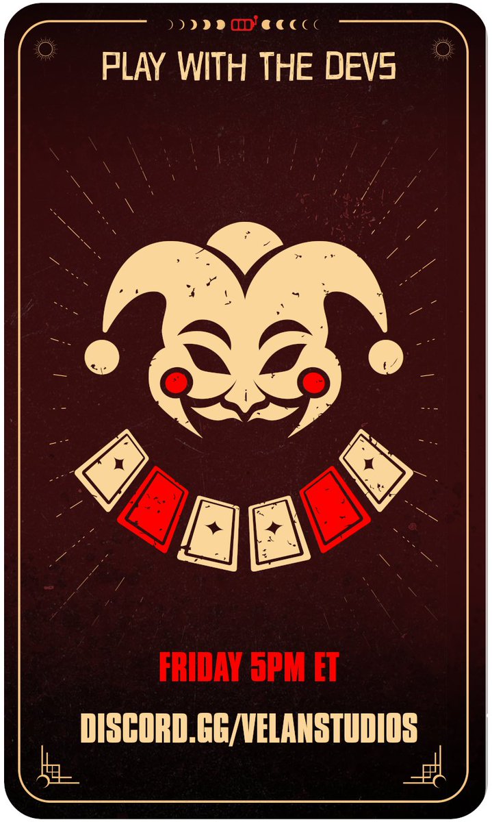 If you're seeing this, it was meant for you. 🃏
Dev stream today: 2pm ET @ twitch.tv/velanstudios
Play with the Devs TODAY @ 5pm ET: discord.gg/velanstudios (download build now!)