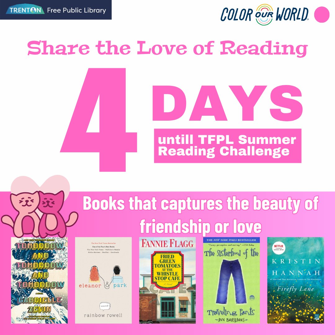 Trenton Free Public Library (@trentonpublib) on Twitter photo 4 days till our Annual Summer Reading Challenge! Our color theme for today is PINK and we are bringing relationships! What book captures the beauty of friendship or love? Comment below!
#Summerreadingchallenge #colorourworld #tfpl #trentonfreepubliclibrary 4 days till our Annual Summer Reading Challenge! Our color theme for today is PINK and we are bringing relationships! What book captures the beauty of friendship or love? Comment below!
#Summerreadingchallenge #colorourworld #tfpl #trentonfreepubliclibrary