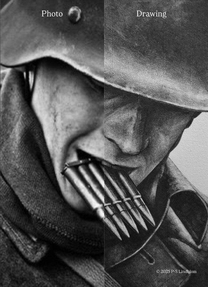 ArnoBrekerArt's tweet photo. A pencil drawing (right & slide 2) of a WWII German soldier (left)  with a double bell 98k cartridge stripper clip for his Kar98k rifle. He is depicted wearing a Stahlhelm (German for “steel helmet”).

The Karabiner 98 kurz, often abbreviated Karabiner 98k, Kar98k or K98k and also sometimes incorrectly referred to as a K98 (a K98 is a Polish carbine and copy of the Kar98a), is a bolt-action rifle chambered for the 7.92×57mm Mauser cartridge. It was adopted on 21 June 1935 as the standard service rifle by the German Wehrmacht. It was one of the final developments in the long line of Mauser military rifles.

© 2025 P-S Lindblom

Slide 2 : Limited edition prints, 48cm x 33cm, 88 copies,
FREE SHIPPING WORLDWIDE
