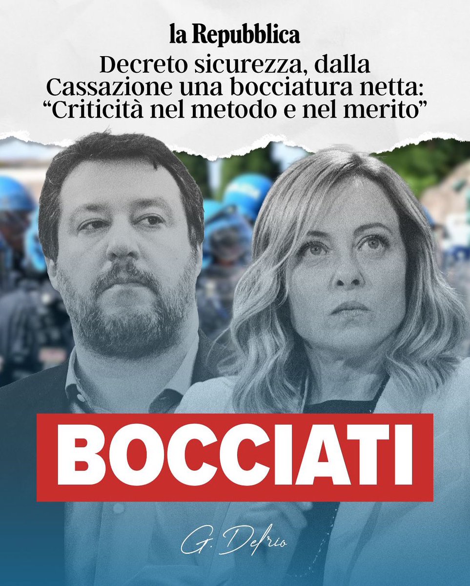 La Cassazione boccia #DDLSicurezza. 
Lo avevamo detto fin dall’inizio: era una norma sbagliata, autoritaria e pericolosa. Criminalizzare dissenso non è sicurezza, è repressione. #Meloni e #Salvini ora abbiano il coraggio di ammettere l’errore e si torni a discutere in Parlamento.