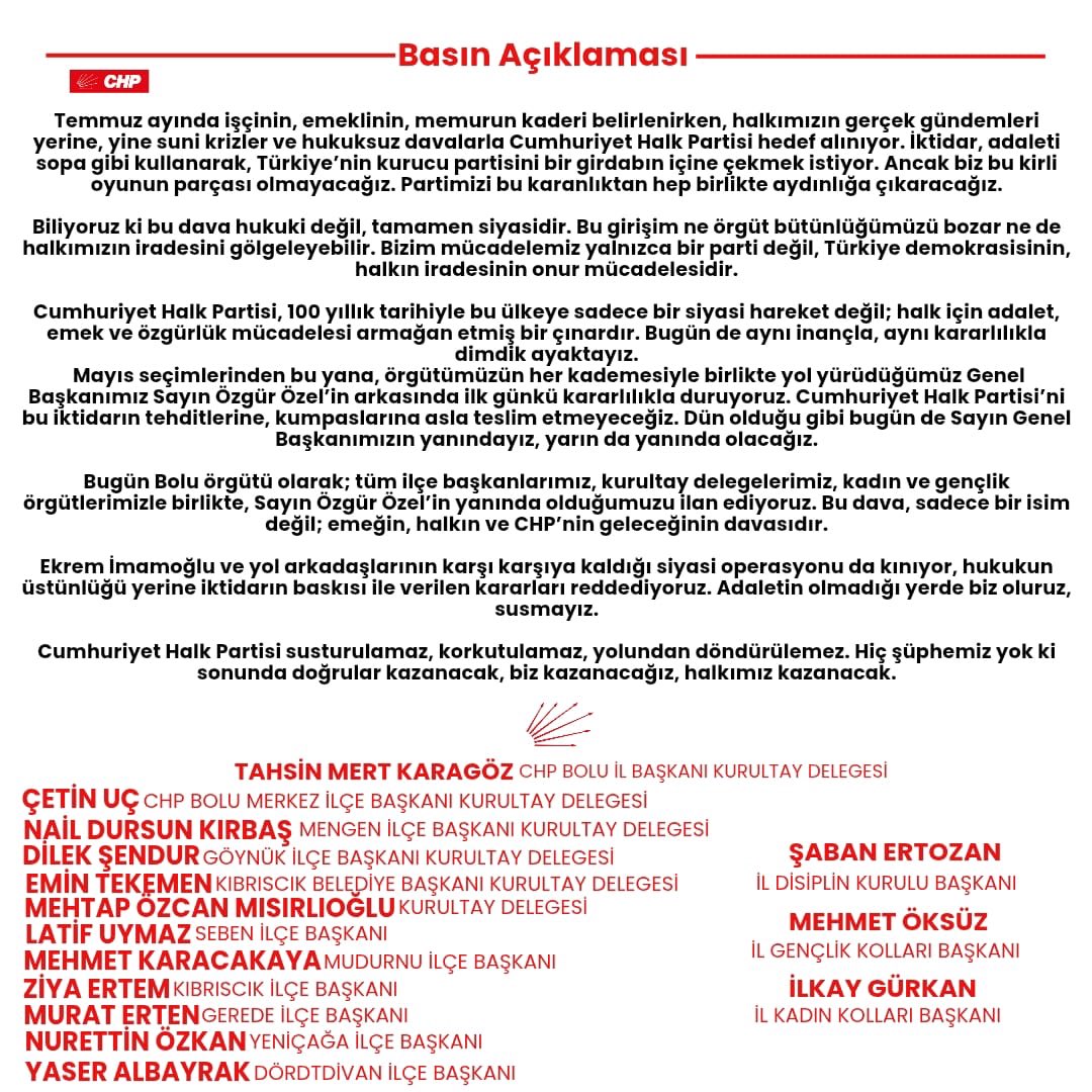 Basına ve Kamuoyuna;

Cumhuriyet Halk Partisi Bolu il Başkanlığı olarak tüm kadrolarımızla ortak ve oy birliğiyle yapmış olduğumuz açıklamamız.

Cumhuriyet Halk Partisi Son Kaledir Zaptedilemez!

<a href="/karagz_mert/">Tahsin Mert Karagöz</a> <a href="/cetinucchp/">Çetin Uç</a> <a href="/mehmetoksuzchp/">Mehmet Öksüz</a> @aardarsln <a href="/chpgencbolu/">CHP Bolu Gençlik Kolları</a>