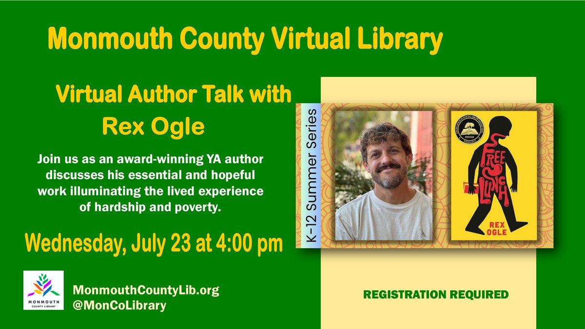 Join us virtually on Wednesday, July 23 at 4 p.m. as an award-winning YA author discusses his essential and hopeful work illuminating the lived experience of hardship and poverty.

#monmouthcountylibrary #moncolibrary #virtuallearning #rexogle #freelunch #authortalk #yaauthor