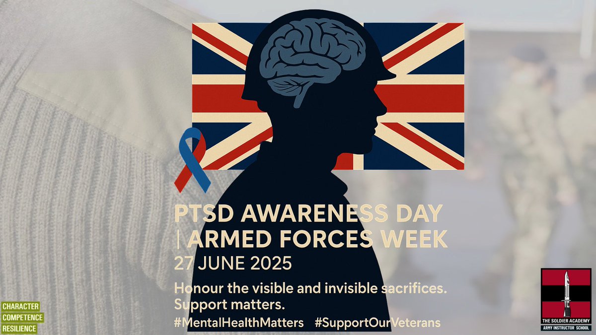 Day 5 #ArmedForcesWeek 
Today is #PTSDAwarenessDay 
Let’s honour not just the visible sacrifices of our military, but the invisible wounds many carry.

PTSD affects veterans &amp; anyone who’s faced trauma.

Support matters. Awareness saves lives. 💙

🔁 to help;
#MentalHealthMatters