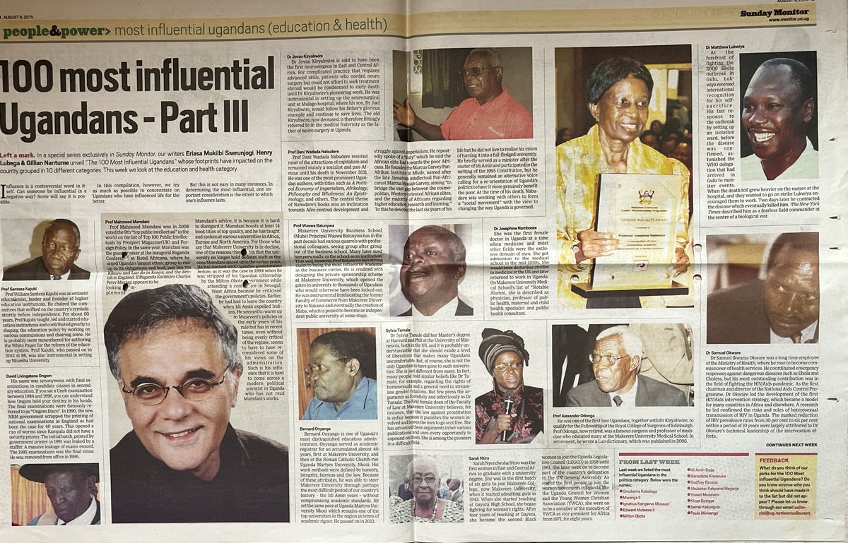 Ugandans highlighted by the 2015 <a href="/DailyMonitor/">Daily Monitor</a> left a lasting mark on our education &amp; health sectors. Some have passed on, others have aged, but their legacy endures.  <a href="/mm1124/">Mahmood Mamdani</a> #education #Health