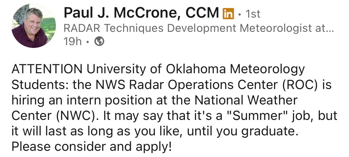 JadeoradeWx's tweet image. 🌪️ OU meteorology students! Looking for a job where you can learn real-word application of your degree for the summer (and possibly beyond that)? The Radar Operations Center is looking for an intern to work part-time at the National Weather Center! Link below.