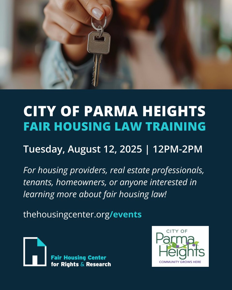 housingcenter's tweet image. On Tuesday, August 12 from 12-2PM, please join us for the City of Parma Heights Fair Housing Law Training! This event is free and open to anyone who is interested in learning more about fair housing law. Register here: thehousingcenter.org/events @ParmaHts