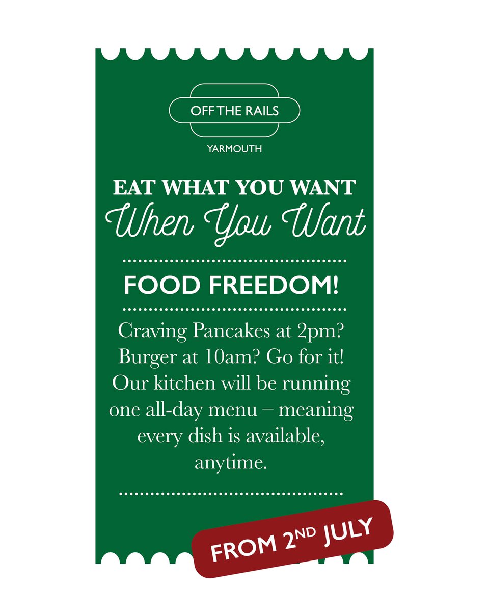FOOD FREEDOM COMING SOON!
EAT WHAT YOU WANT WHEN YOU WANT!

Craving Pancakes at 2pm? Burger at 10am? Go for it! Our kitchen will be running one all-day menu – meaning every dish is available, anytime. Starts 2nd July.

Book: offtherailsyarmouth.co.uk

#IsleOfWight #FoodFreedom