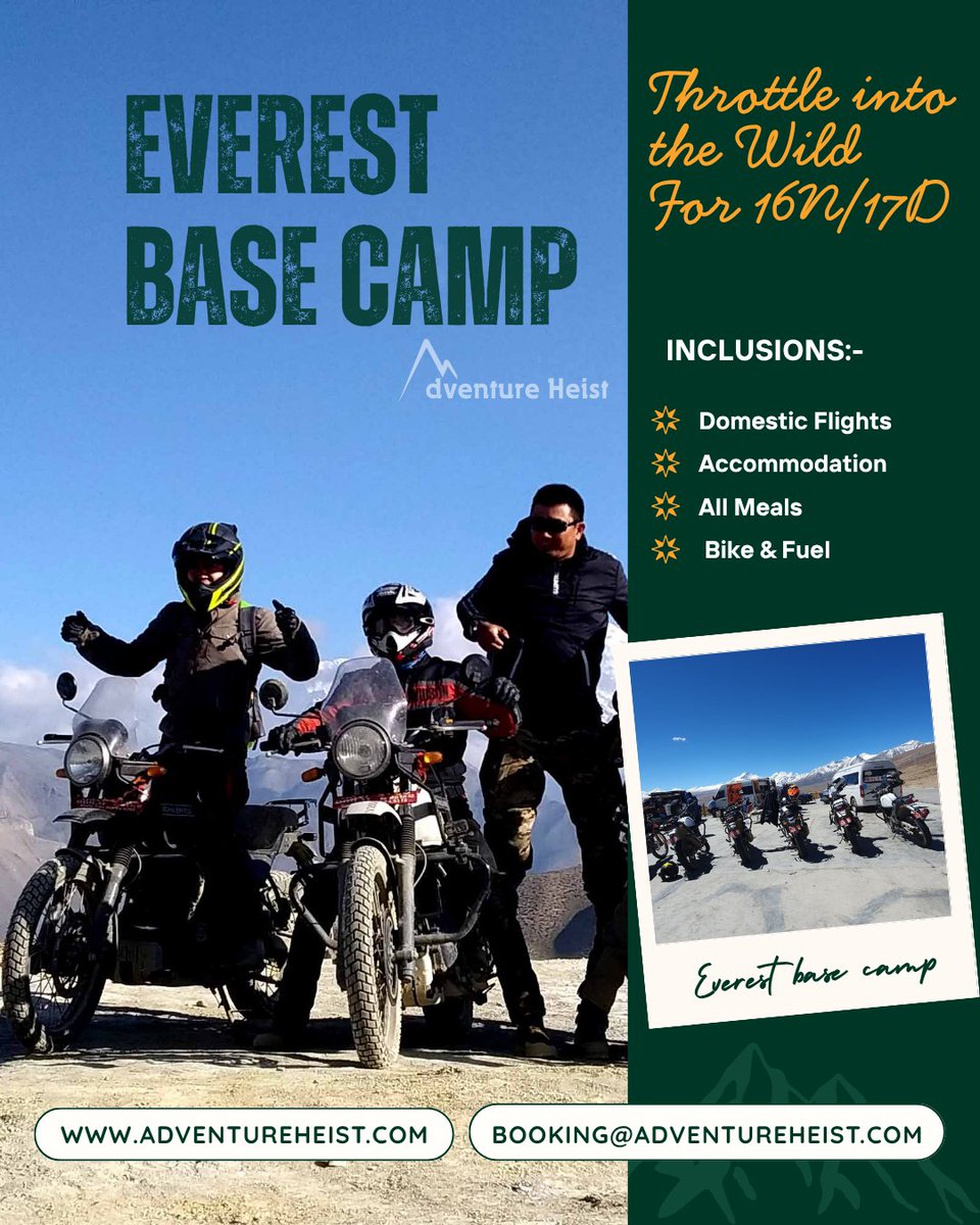 AdventureHeist_'s tweet photo. Ride to Everest Base Camp (North Side) 🏍️
Cross Himalayan villages, Tibet’s vast plateau &amp; reach the world’s highest monastery.
A soul-shaking motorbike ride to the roof of the world.
🌍 Guided | Limited Slots
#EverestBaseCampRide #RideToEverest #ABRFestival #AdventureBikeRider https://t.co/yC3Ef5pXrM