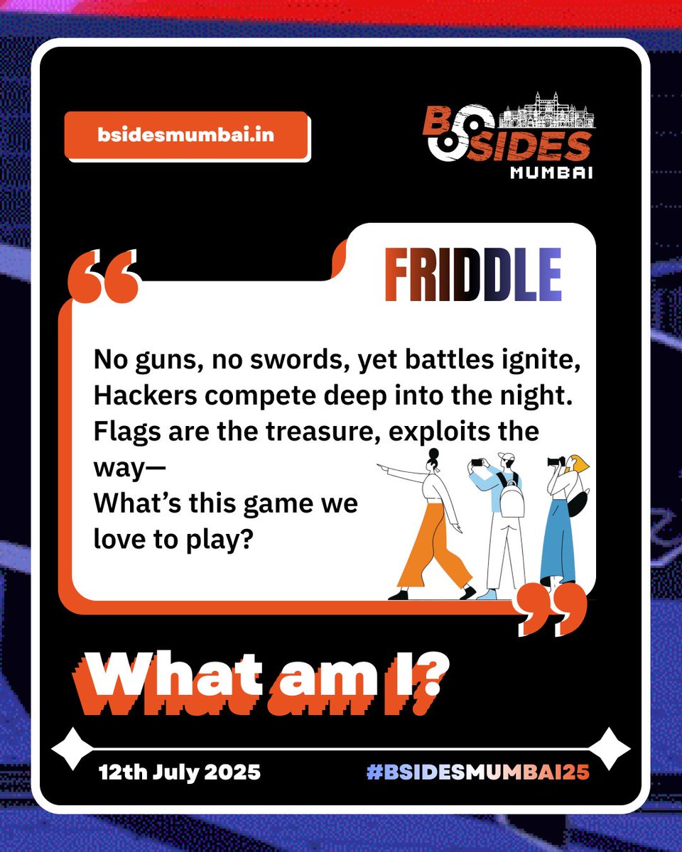 Time to put your thinking caps on🎩 
Who's got the skills to crack the code? 🔓 
Drop your answers below ⬇️ and you might just win something exciting!
#riddles #friddles #bsidesmumbai #bsides #cybersecurity #security  #hackers #infosec #bsidesmumbai25