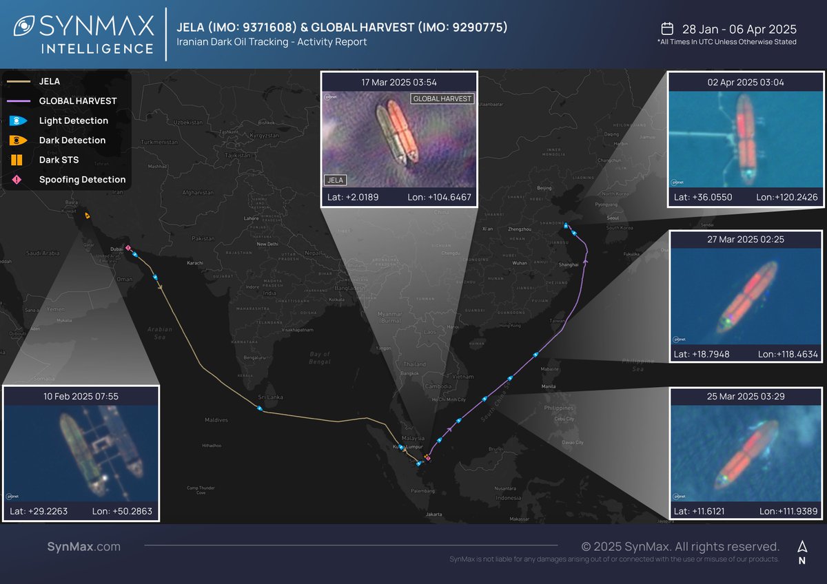 SynMaxInt's tweet image. Demonstrating the evolving complexity of sanctions evasion tactics in modern maritime operations, dark Very Large Crude Carriers (VLCCs) JELA (formerly VANITY- IMO 9371608) and GLOBAL HARVEST (IMO 9290775) recently spoofed their AIS locations and conducted a dark STS transfer…