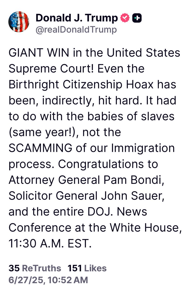 GIANT WIN in the United States Supreme Court! Even the Birthright Citizenship Hoax has been, indirectly, hit hard. It had to do with the babies of slaves (same year!), not the SCAMMING of our Immigration process. Congratulations to Attorney General Pam Bondi, Solicitor General
