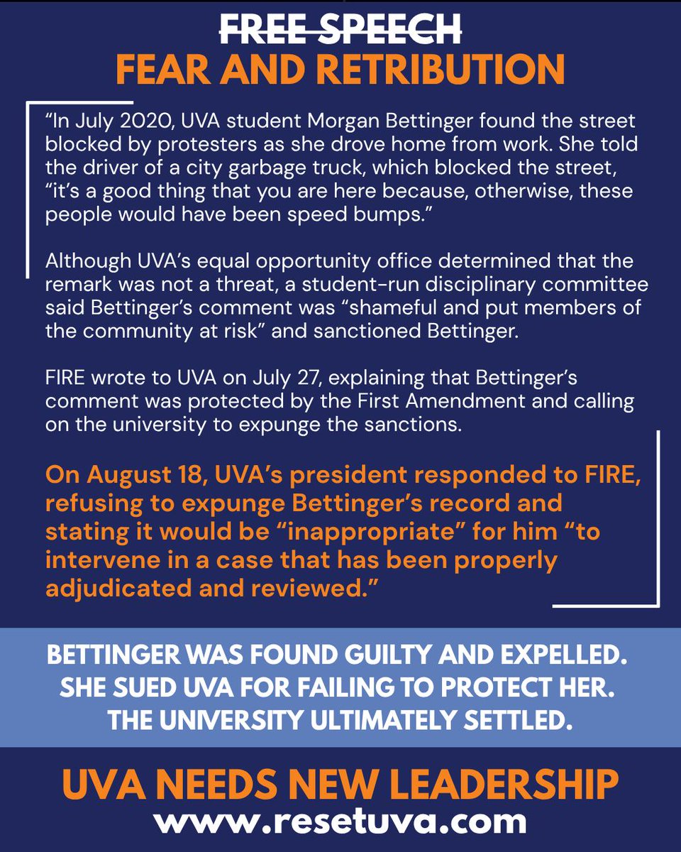 The Morgan Bettinger case is one of the saddest examples of fear and retribution during the current UVA administration. Bettinger's academic record remains tarnished to this day. 

Even <a href="/TheFIREorg/">FIRE</a> tried to intervene and explain that Bettinger was protected under the First
