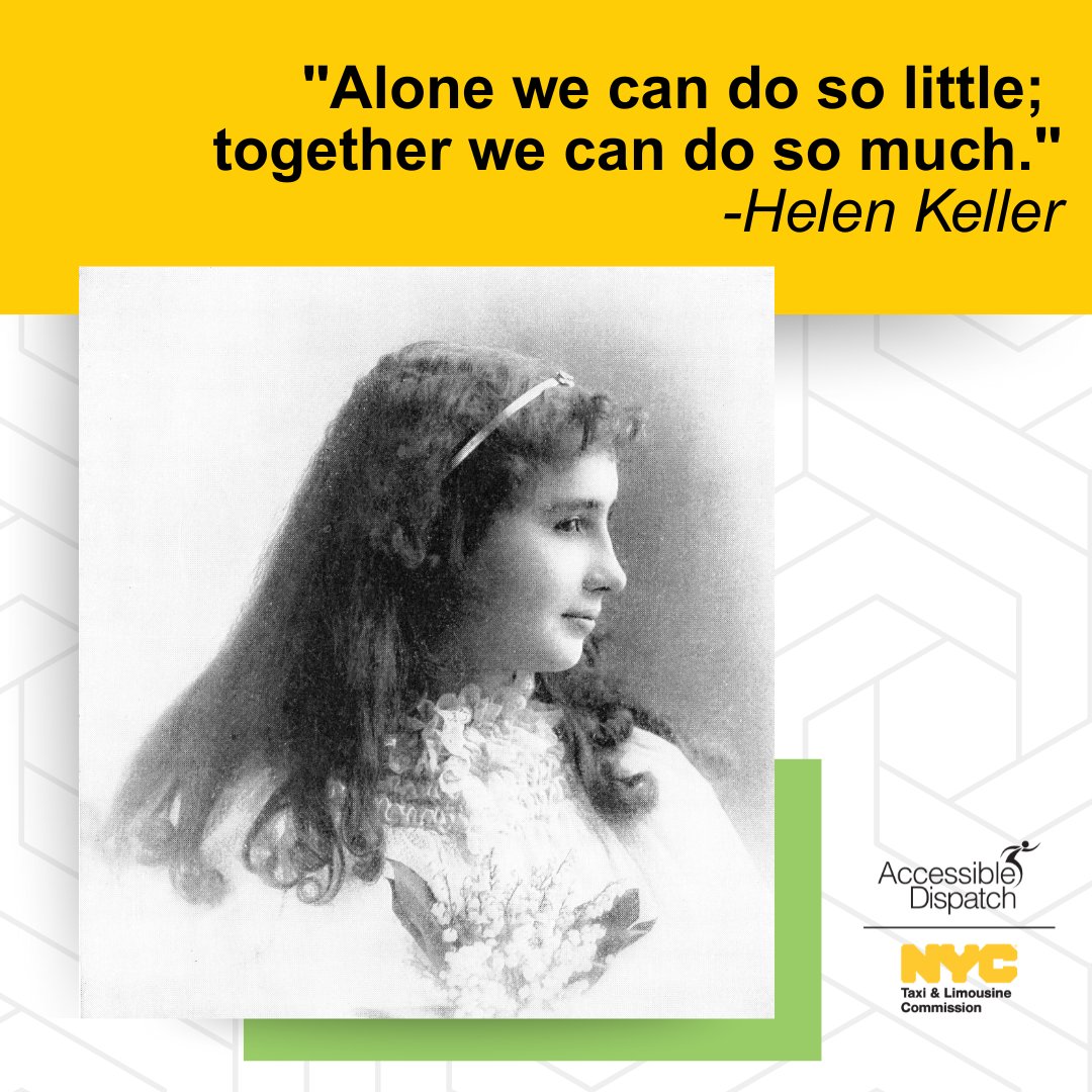 nycaccessible's tweet image. Today, we honor Helen Keller—a trailblazer for disability rights, access, and inclusion. 

Her legacy lives on through our commitment to providing safe, reliable, and accessible rides for all New Yorkers.

🚕 Learn more about our service: accessibledispatch.com