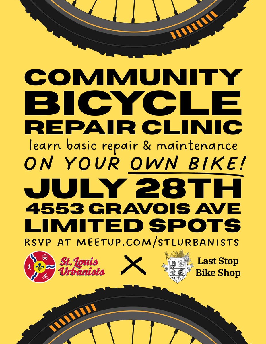 Join St. Louis Urbanists and Last Stop Bike Shop for a 2-hour open clinic where you get to learn basic repairs on your own 🚲 ! Pizza (with vegan options) and soda will be provided. Limited to 15 attendees. Please RSVP at meetup.com/stlurbanists