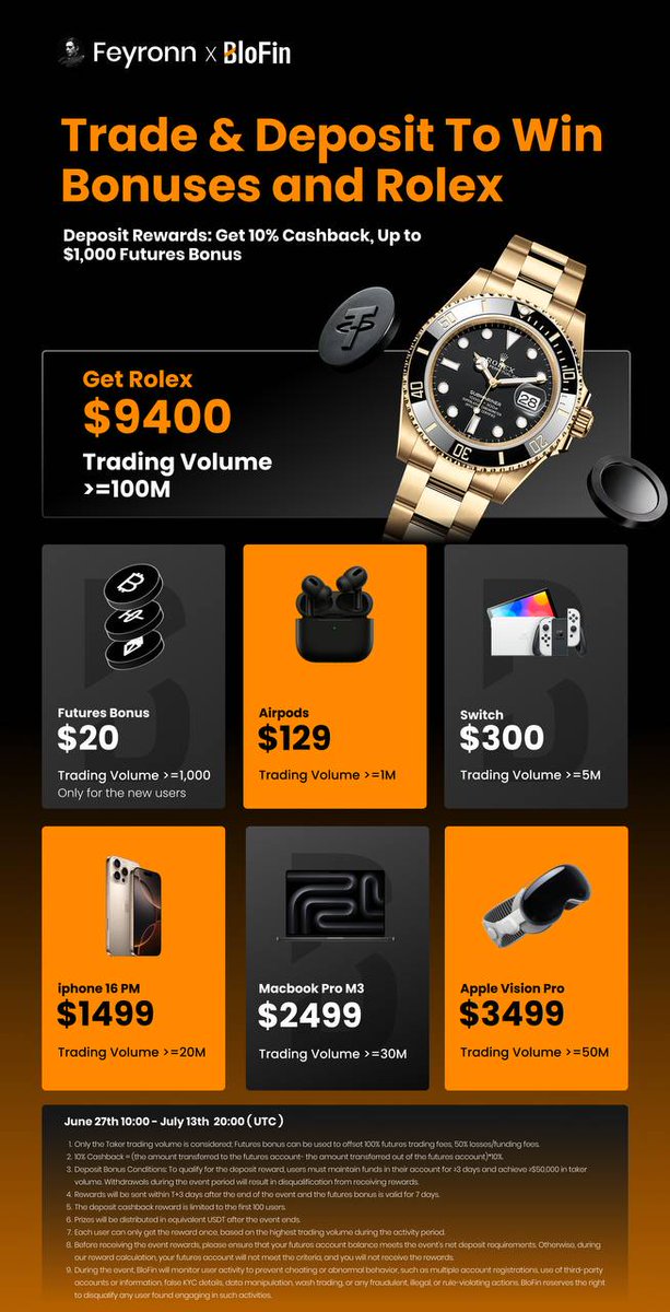 feyronn's tweet image. I recently realize that it's been a minute since we gave back, so I asked the team to cook something up for you guys

We delivered a nice custom campaign  : 
Just trade, and you might just walk away with a $10K Rolex on your wrist (Or an iPhone, Or a new MacBook Pro).

I believe…