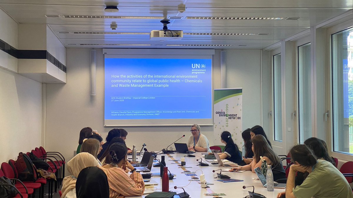 GENetwork's tweet photo. Today, @imperialcollege students visited the #EnvironmentHouse for an intro to #GENeva as a hub for int’l env't governance.
Discussions w/ Mihaela Paun of @UNEP revolved around chemicals & waste management & w/ Tomas Marques of @UNEP_Europe on #AirQuality in Central Asia. https://t.co/EurPVJyAAm