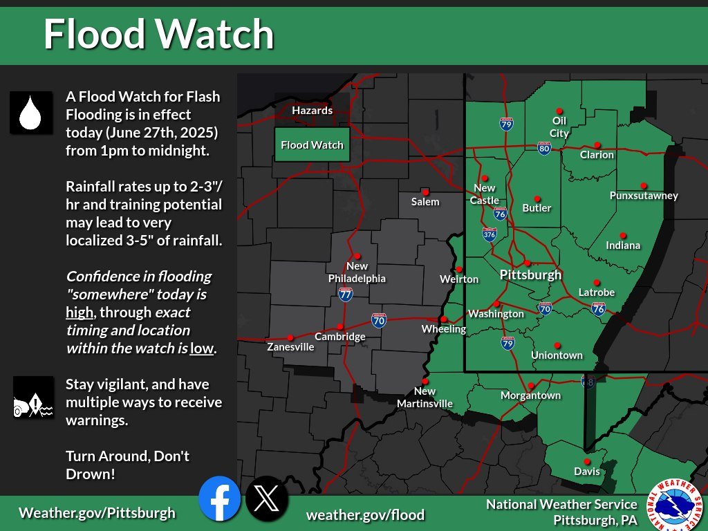 Please see the following. The City of Pittsburgh will be under a flood watch until midnight tonight (6/27).