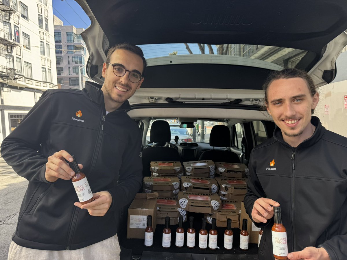 We delivered 100s of bottles of <a href="/firecrawl_dev/">Firecrawl</a> hot sauce and wings to startups across SF.

At the end of the day we did not get any crazy leads or go viral.

But you have to try crazy things because you never know what will work!

S/o to <a href="/CalebPeffer/">Caleb Peffer (Hiring!)</a> for dashing with me 💪